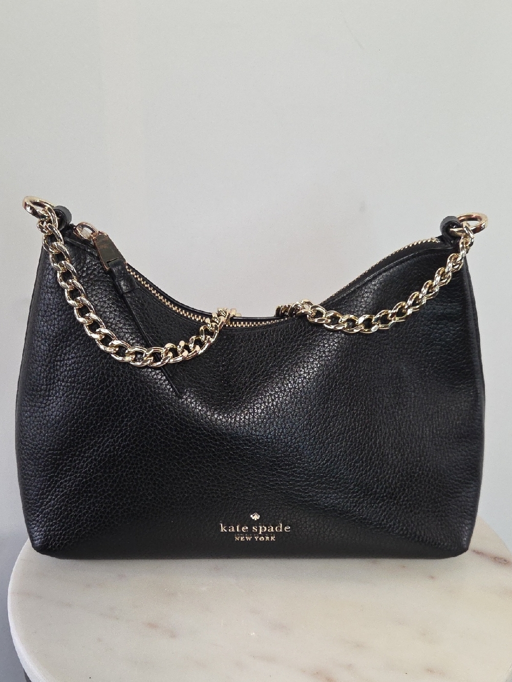 kate spade Black Pebbled Leather Shoulder Bag with Gold Chain Strap